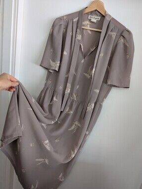 Vintage 90s Casual Dress Medium Taupe Tan Midi Sheer Relaxed Fit Feather Neutral